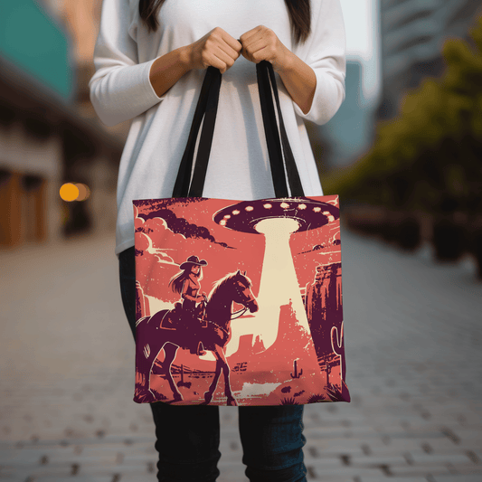 Retro western cowgirl UFO tote bag