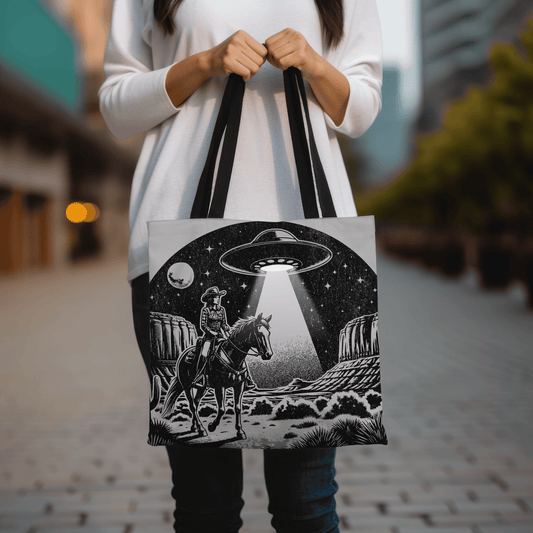 Retro western cowgirl UFO tote bag