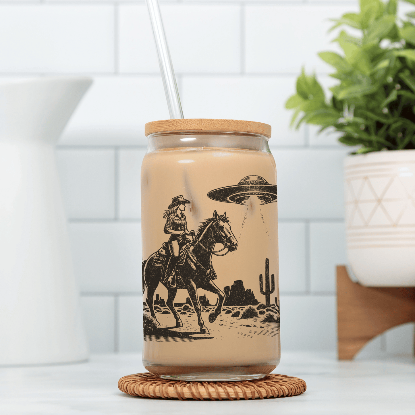 Retro Western Cowgirl UFO Glass Tumbler 16oz