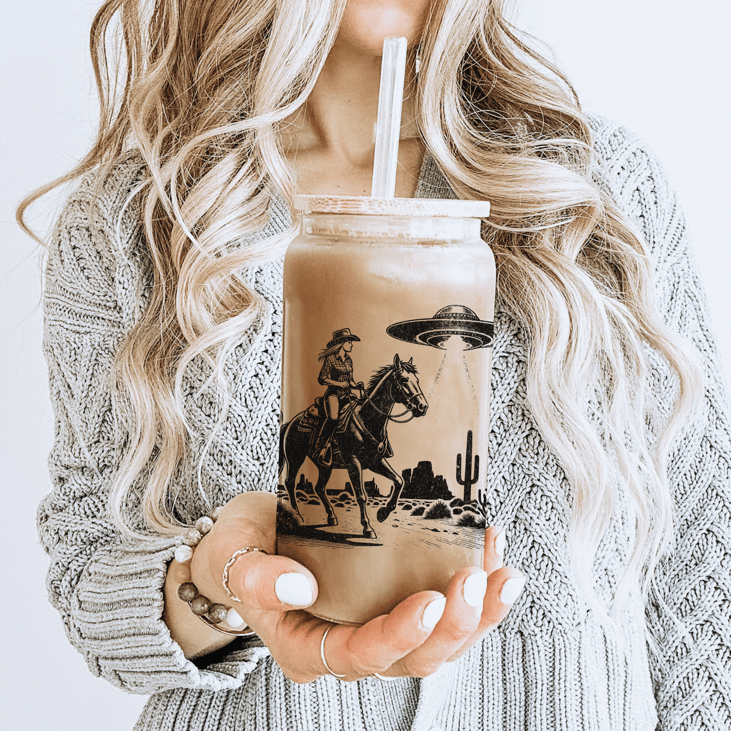 Retro Western Cowgirl UFO Glass Tumbler 16oz